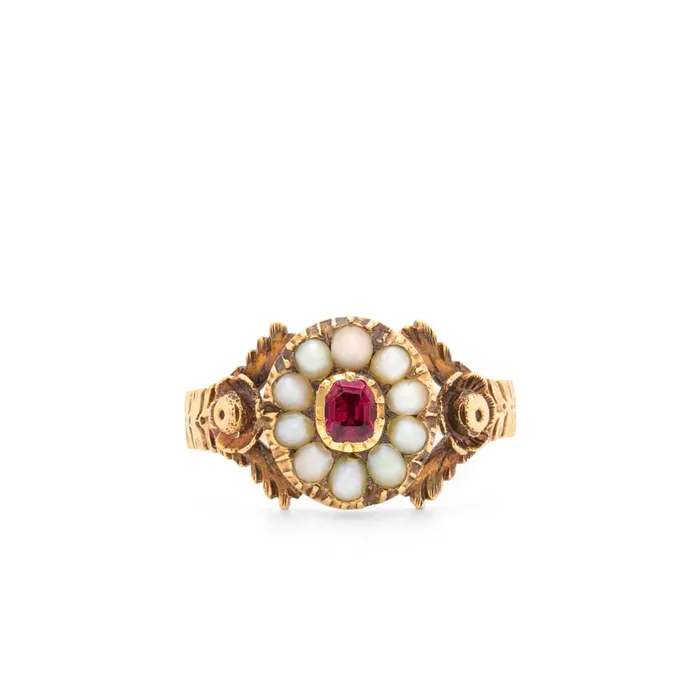 Antique Early Victorian Pearl Paste and 14K Gold Cluster Ring Rings