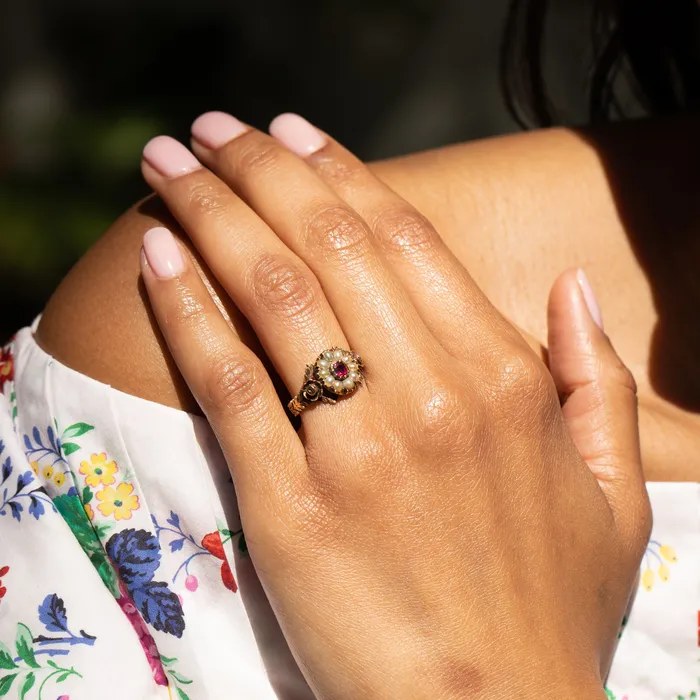 Antique Early Victorian Pearl Paste and 14K Gold Cluster Ring Rings