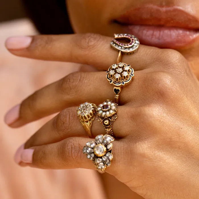 Antique Early Victorian Pearl Paste and 14K Gold Cluster Ring Rings