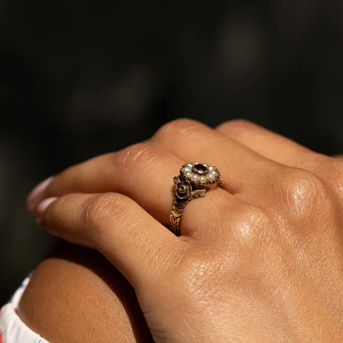 Antique Early Victorian Pearl Paste and 14K Gold Cluster Ring Rings