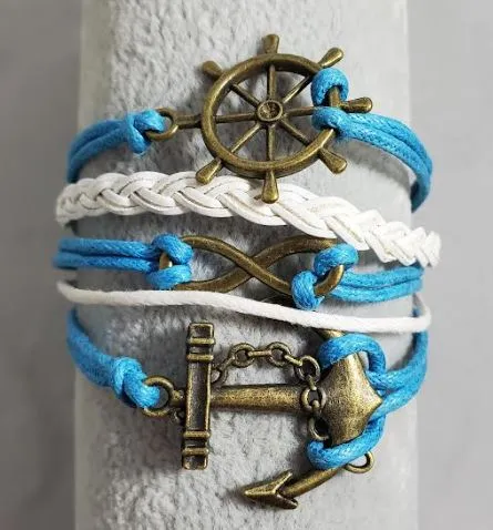 AZ1173 Turquoise Blue White Ship Wheel Anchor Infinity Layer Leather Bracelet alice Bracelets AZ1173 Turquoise Blue White Ship Wheel Anchor Infinity Layer Leather Bracelet alice Bracelets