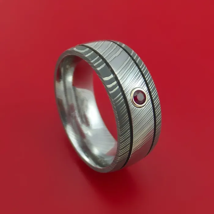Damascus Steel Ring with Groove Inlay and Ruby Custom Made Band Lashbrook Rings Damascus Steel Ring with Groove Inlay and Ruby Custom Made Band Lashbrook Rings