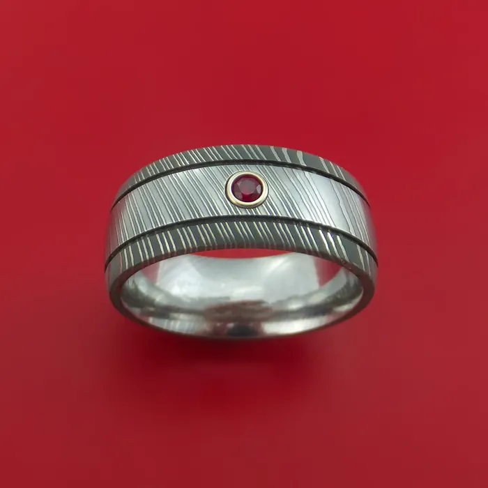 Damascus Steel Ring with Groove Inlay and Ruby Custom Made Band Lashbrook Rings Damascus Steel Ring with Groove Inlay and Ruby Custom Made Band Lashbrook Rings