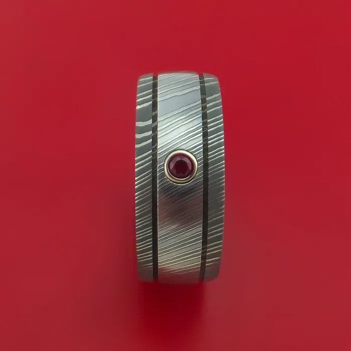 Damascus Steel Ring with Groove Inlay and Ruby Custom Made Band Lashbrook Rings Damascus Steel Ring with Groove Inlay and Ruby Custom Made Band Lashbrook Rings