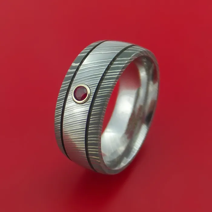 Damascus Steel Ring with Groove Inlay and Ruby Custom Made Band Lashbrook Rings Damascus Steel Ring with Groove Inlay and Ruby Custom Made Band Lashbrook Rings