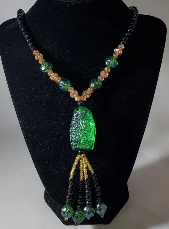 Necklaces N2072 Black Bead Green Owl Glass Long Necklace With Free Earrings polly