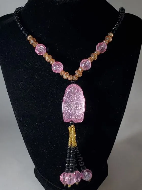 Necklaces polly N2076 Black Bead Light Pink Owl Glass Long Necklace With Free Earrings