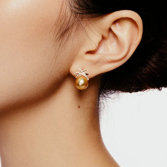 Pearly Lustre Earrings 18K Solid Gold South Sea Golden Pearl Earring KE00225