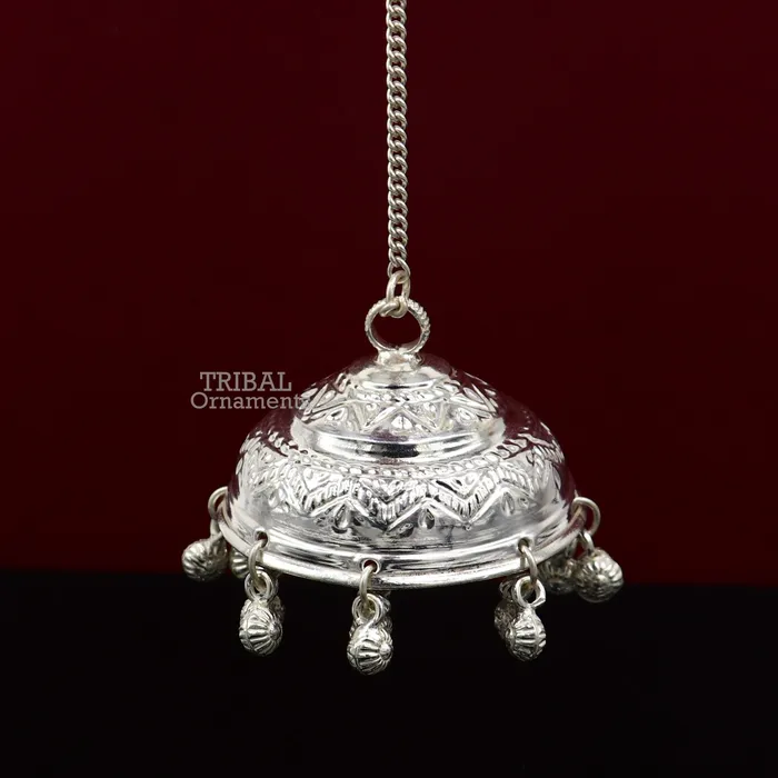 Vintage style handmade sterling silver hindu lord umbrella chhatar chattra with amazing hanging jingle bells best temple article su752 TRIBAL ORNAMENTS Necklaces