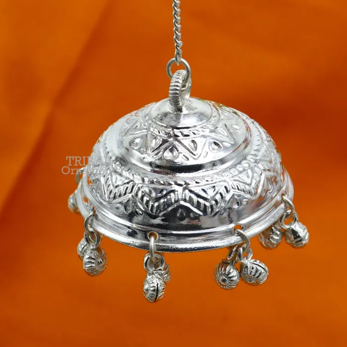 Vintage style handmade sterling silver hindu lord umbrella chhatar chattra with amazing hanging jingle bells best temple article su752 TRIBAL ORNAMENTS Necklaces
