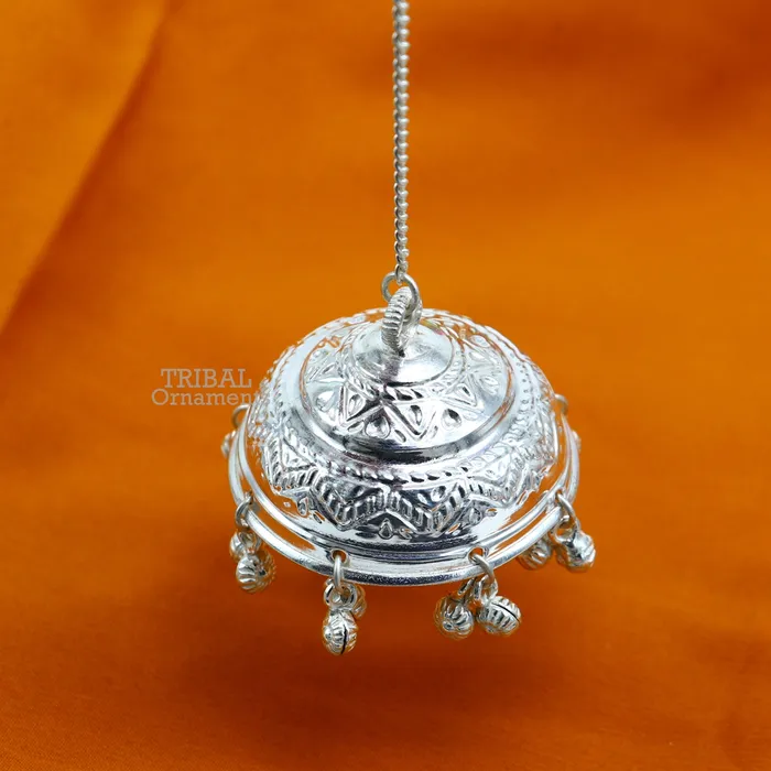 Vintage style handmade sterling silver hindu lord umbrella chhatar chattra with amazing hanging jingle bells best temple article su752 TRIBAL ORNAMENTS Necklaces