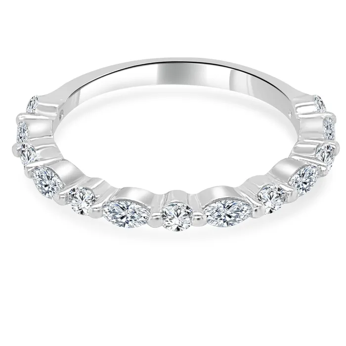 14K White Gold Diamond Band Alternating Rounds Marquise Wedding Bands Rings