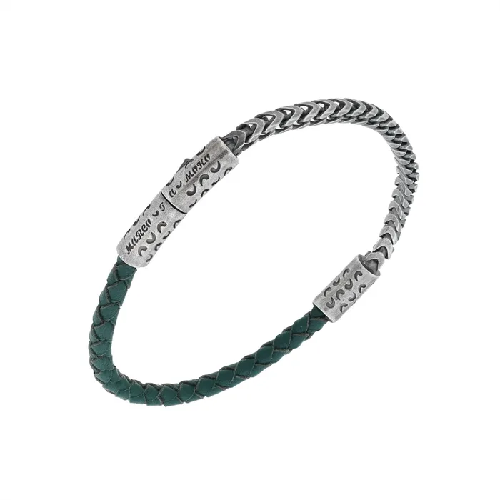 Bracelets Marco Dal Maso Marco Dal Maso Lash Oxidized Silver and Green Woven Leather Bracelet