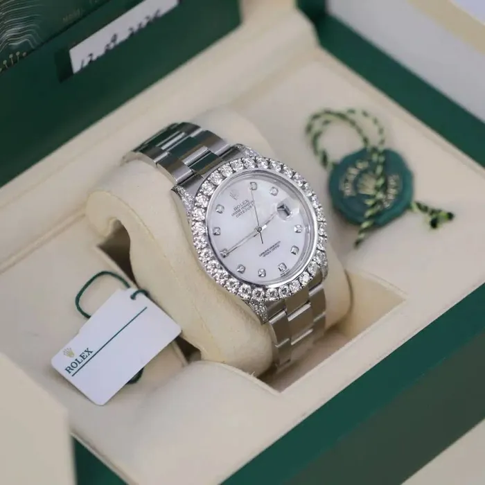 Bracelets Rolex Datejust 41mm Ref 126300 White Mother of Pearl Diamond Dial Diamond Bezel Stainless Steel Oyster Bracelet Mens Watch Rolex