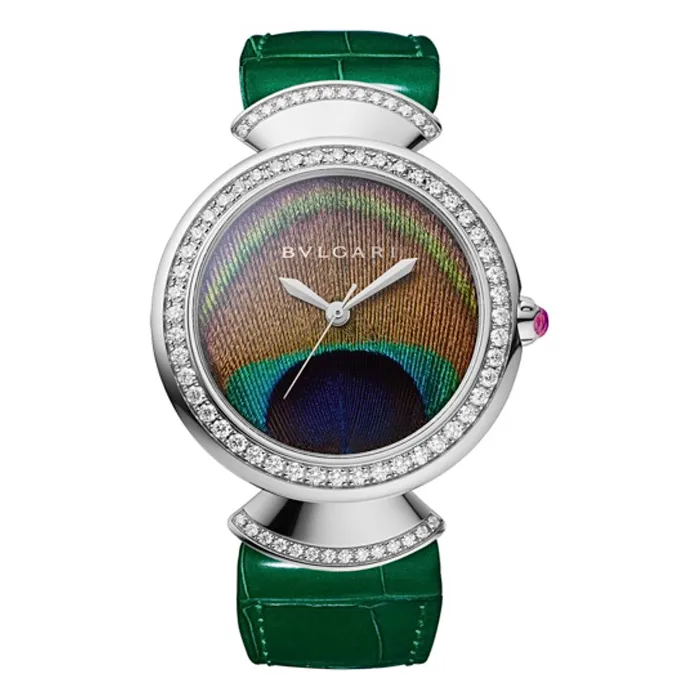 Bulgari Divas Dream 30mm Watch Ref 103885 Peacock Feather Dial in 18K White Gold Case Diamond Bezel Green Alligator Leather Bulgari Watches Bulgari Divas Dream 30mm Watch Ref 103885 Peacock Feather Dial in 18K White Gold Case Diamond Bezel Green Alligator Leather Bulgari Watches
