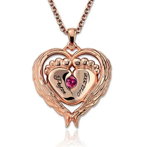 Customizable Birthstone Baby Feet Pendant with HeartShaped Angel Wings Sterling Silver Necklace for Mothers Belbren Necklaces