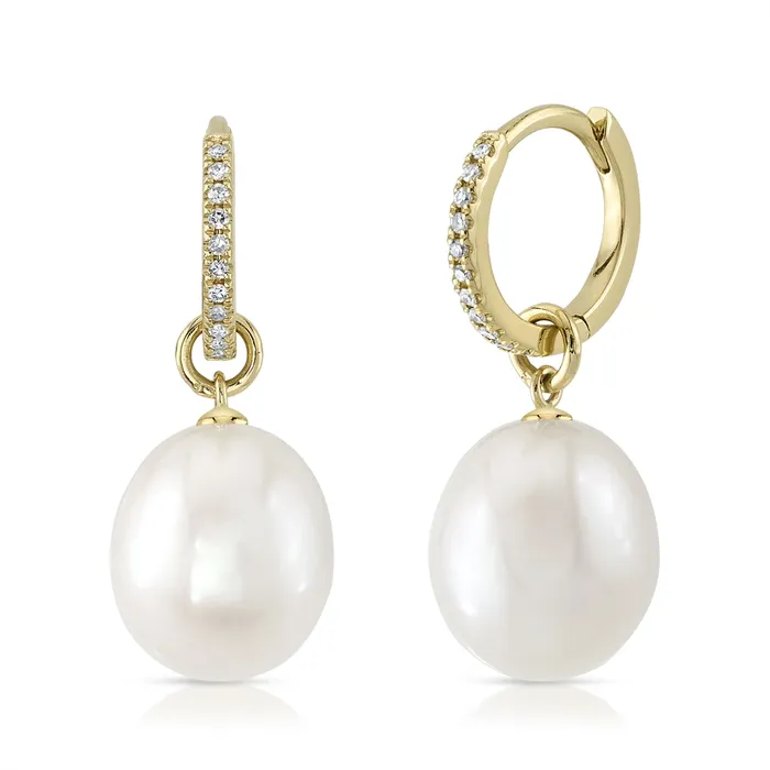 Meierotto Jewelers Earrings 14K Yellow Gold Diamond Hoop Earrings with Cultured Pearl Dangle