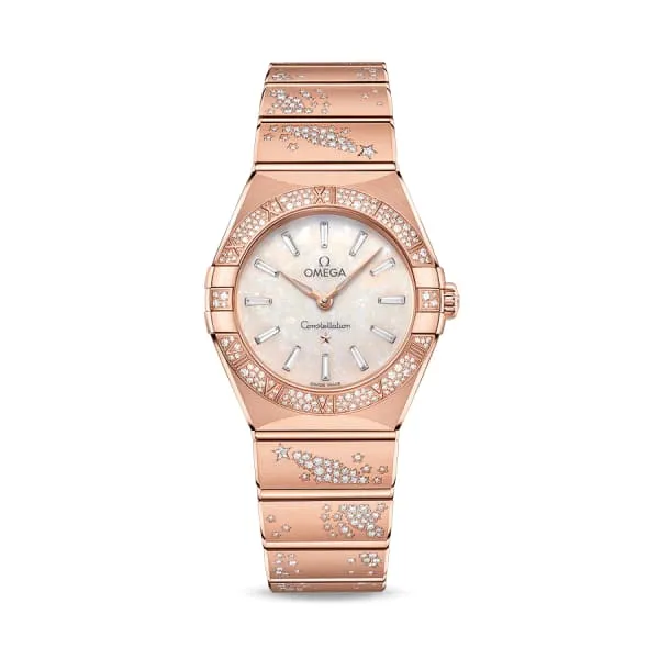 Omega Constellation 28mm Watch Ref 13155286099001 White Australian Opal Diamond Index Dial 18K Rose Gold Pave Diamond Bracelet Omega Bracelets Omega Constellation 28mm Watch Ref 13155286099001 White Australian Opal Diamond Index Dial 18K Rose Gold Pave Diamond Bracelet Omega Bracelets