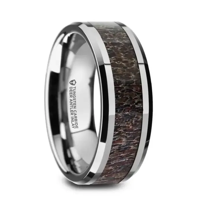 Rings Mens Bands Beveled Tungsten Carbide 8mm Band with Dark Antler Inlay