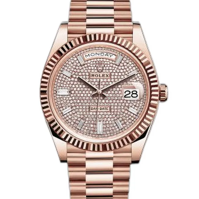 Rolex Bracelets Rolex Day Date 40mm Ref 2282350036 Pave Diamond Dial Fluted Bezel 18K Rose Gold President Bracelet Mens Watch