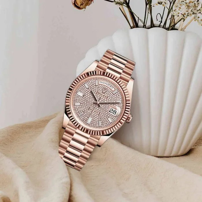 Rolex Bracelets Rolex Day Date 40mm Ref 2282350036 Pave Diamond Dial Fluted Bezel 18K Rose Gold President Bracelet Mens Watch