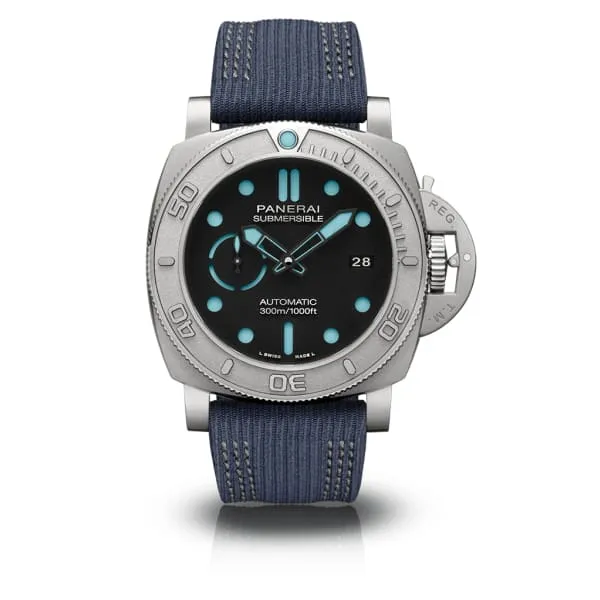 Watches Panerai Panerai Submersible 47mm Watch Ref PAM00985 Black Index Dial in EcoTitanium Case Blue Recycled PET Strap Watches Panerai Panerai Submersible 47mm Watch Ref PAM00985 Black Index Dial in EcoTitanium Case Blue Recycled PET Strap