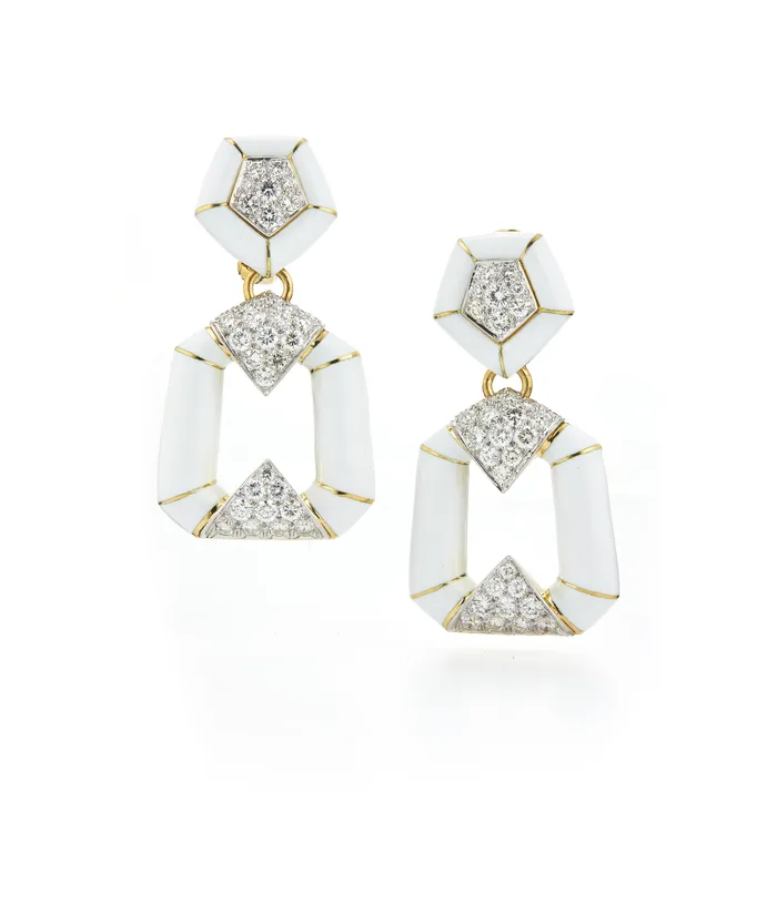David Webb Workshop Earrings Pentagon Bamboo Earrings White Enamel