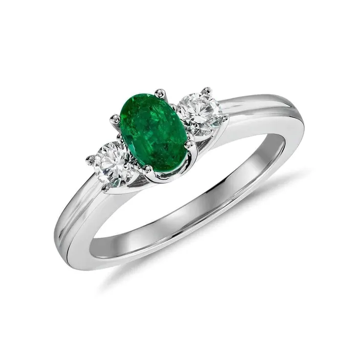 Rings GB Green Emerald With Natural Earth Mined Diamond Engagement Ring 3 Stone Prong Set 250 Ct WG 14K