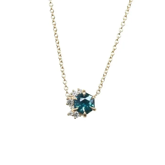075ct Hexagon Sapphire and Diamond Cluster Necklace in 14k Yellow Gold Discovery Gems Necklaces 075ct Hexagon Sapphire and Diamond Cluster Necklace in 14k Yellow Gold Discovery Gems Necklaces
