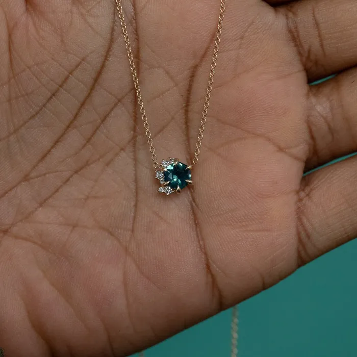 075ct Hexagon Sapphire and Diamond Cluster Necklace in 14k Yellow Gold Discovery Gems Necklaces