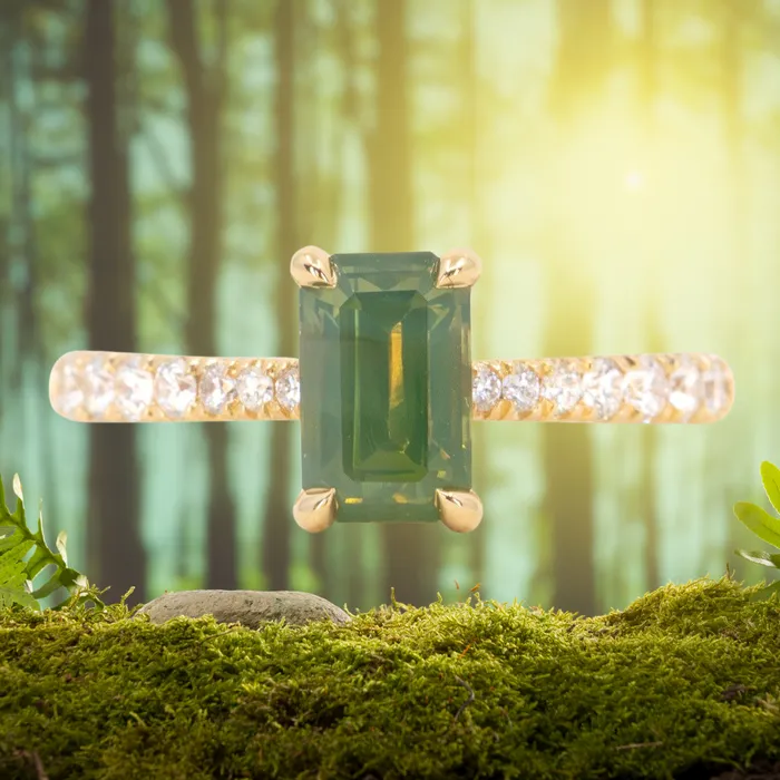 Anueva Jewelry 167ct Emerald Cut Green Opalescent Sapphire Hidden Halo Solitaire with French Set Diamonds in 18k Yellow Gold Earrings Anueva Jewelry 167ct Emerald Cut Green Opalescent Sapphire Hidden Halo Solitaire with French Set Diamonds in 18k Yellow Gold Earrings