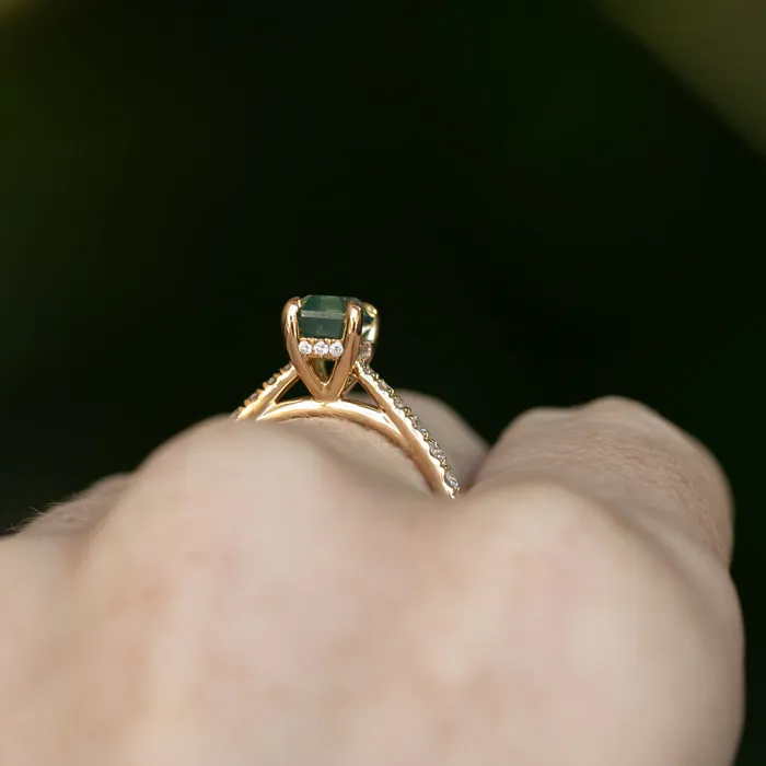 Anueva Jewelry 167ct Emerald Cut Green Opalescent Sapphire Hidden Halo Solitaire with French Set Diamonds in 18k Yellow Gold Earrings