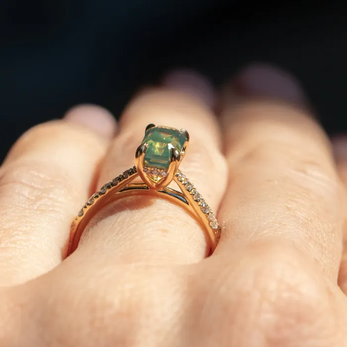 Anueva Jewelry 167ct Emerald Cut Green Opalescent Sapphire Hidden Halo Solitaire with French Set Diamonds in 18k Yellow Gold Earrings