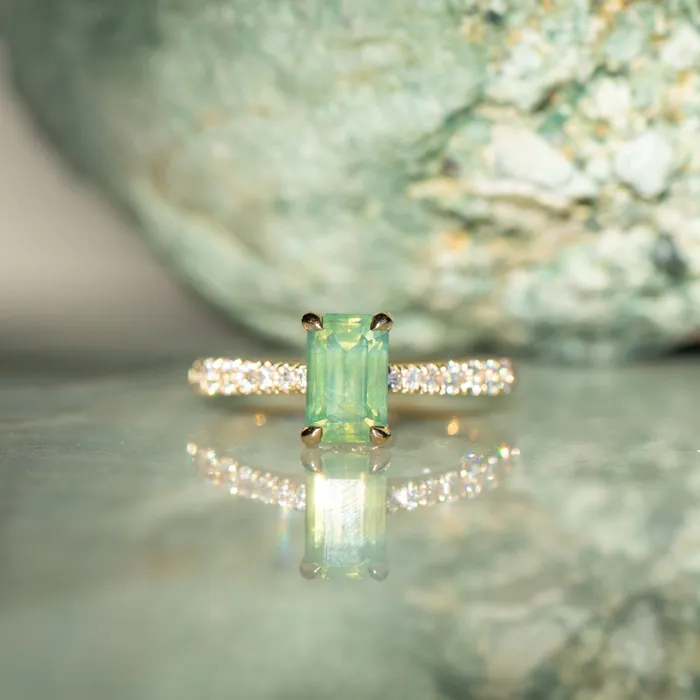 Anueva Jewelry 167ct Emerald Cut Green Opalescent Sapphire Hidden Halo Solitaire with French Set Diamonds in 18k Yellow Gold Earrings