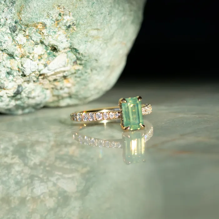 Anueva Jewelry 167ct Emerald Cut Green Opalescent Sapphire Hidden Halo Solitaire with French Set Diamonds in 18k Yellow Gold Earrings