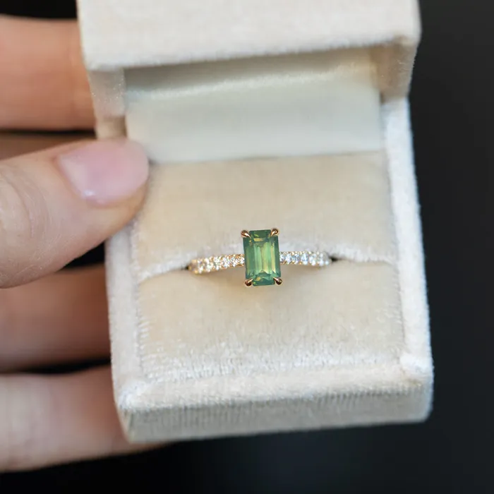 Anueva Jewelry 167ct Emerald Cut Green Opalescent Sapphire Hidden Halo Solitaire with French Set Diamonds in 18k Yellow Gold Earrings