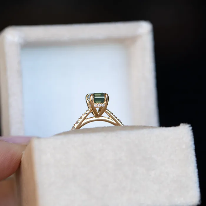 Anueva Jewelry 167ct Emerald Cut Green Opalescent Sapphire Hidden Halo Solitaire with French Set Diamonds in 18k Yellow Gold Earrings