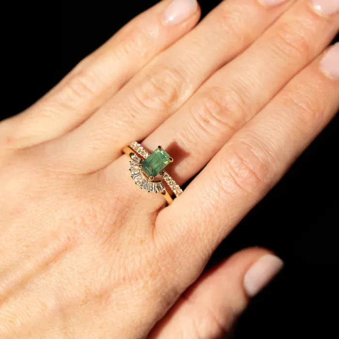 Anueva Jewelry 167ct Emerald Cut Green Opalescent Sapphire Hidden Halo Solitaire with French Set Diamonds in 18k Yellow Gold Earrings