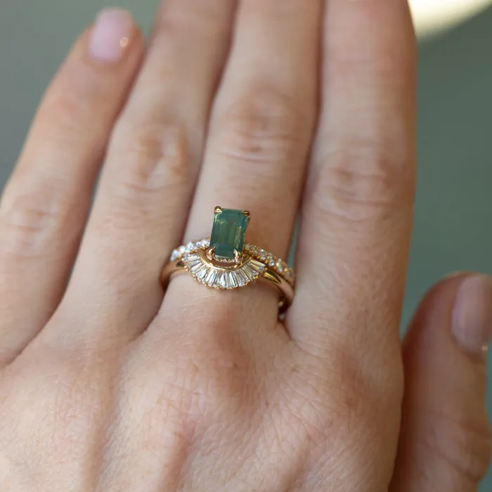 Anueva Jewelry 167ct Emerald Cut Green Opalescent Sapphire Hidden Halo Solitaire with French Set Diamonds in 18k Yellow Gold Earrings