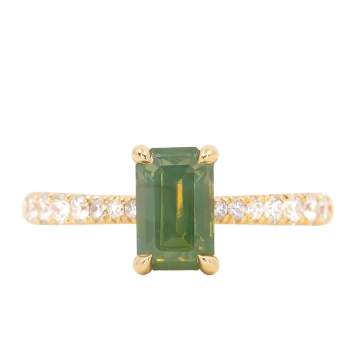 Anueva Jewelry 167ct Emerald Cut Green Opalescent Sapphire Hidden Halo Solitaire with French Set Diamonds in 18k Yellow Gold Earrings