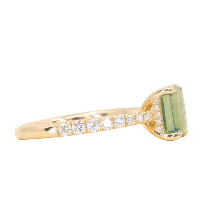 Anueva Jewelry 167ct Emerald Cut Green Opalescent Sapphire Hidden Halo Solitaire with French Set Diamonds in 18k Yellow Gold Earrings