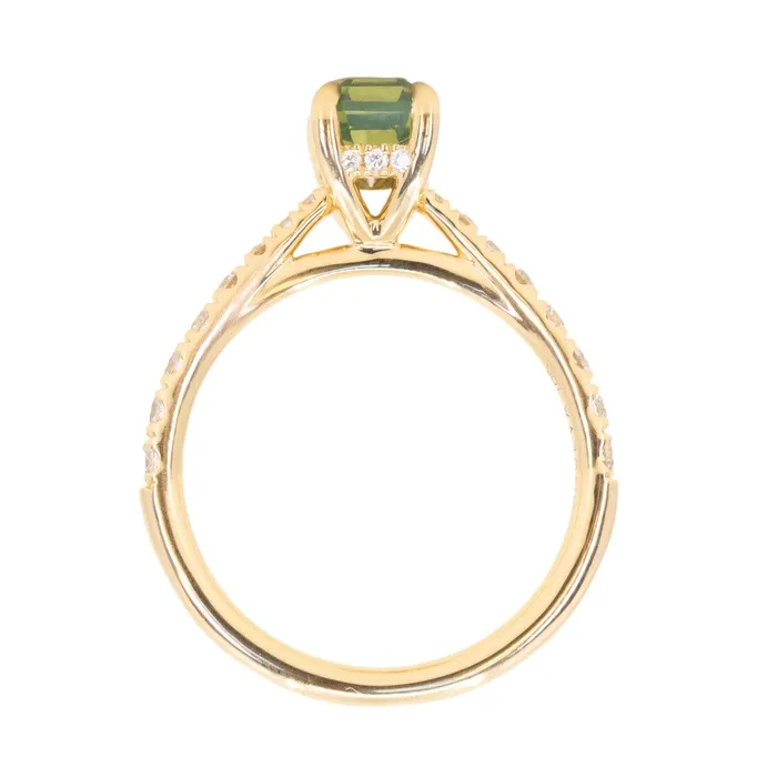 Anueva Jewelry 167ct Emerald Cut Green Opalescent Sapphire Hidden Halo Solitaire with French Set Diamonds in 18k Yellow Gold Earrings