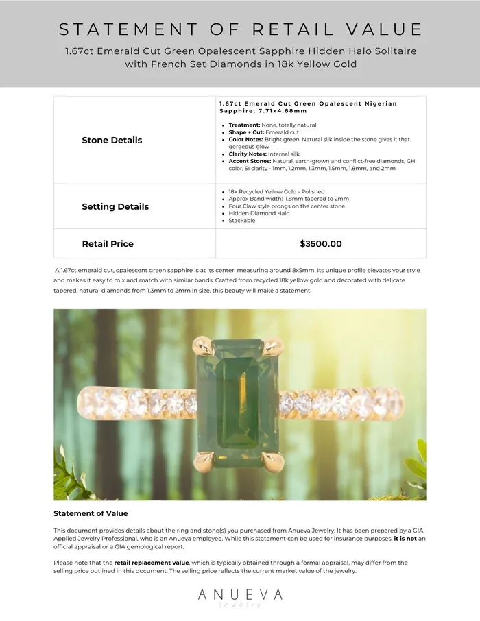 Anueva Jewelry 167ct Emerald Cut Green Opalescent Sapphire Hidden Halo Solitaire with French Set Diamonds in 18k Yellow Gold Earrings