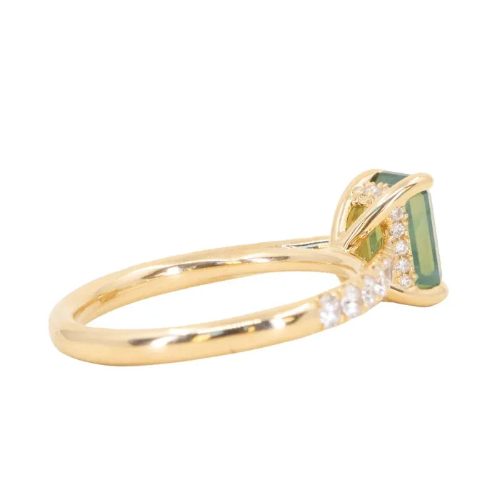 Anueva Jewelry 167ct Emerald Cut Green Opalescent Sapphire Hidden Halo Solitaire with French Set Diamonds in 18k Yellow Gold Earrings