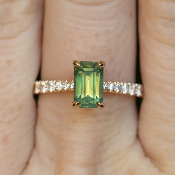 Anueva Jewelry 167ct Emerald Cut Green Opalescent Sapphire Hidden Halo Solitaire with French Set Diamonds in 18k Yellow Gold Earrings