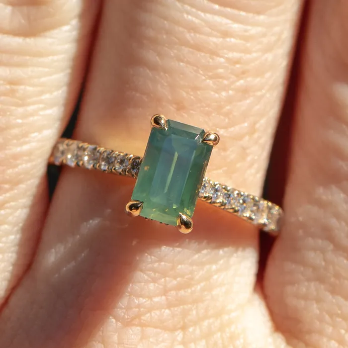 Anueva Jewelry 167ct Emerald Cut Green Opalescent Sapphire Hidden Halo Solitaire with French Set Diamonds in 18k Yellow Gold Earrings