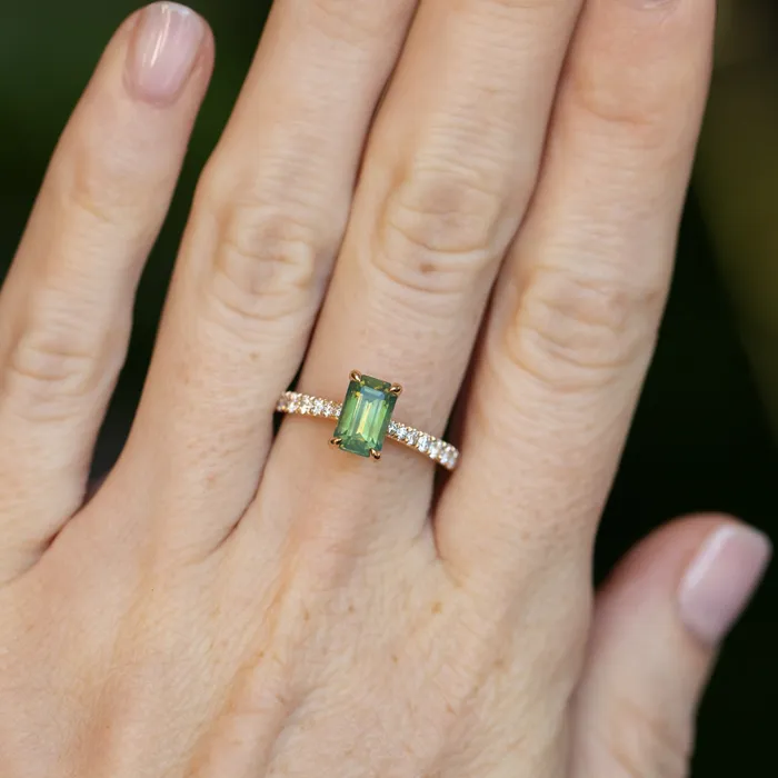 Anueva Jewelry 167ct Emerald Cut Green Opalescent Sapphire Hidden Halo Solitaire with French Set Diamonds in 18k Yellow Gold Earrings