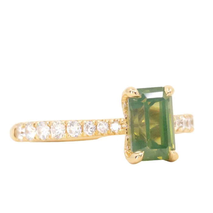 Anueva Jewelry 167ct Emerald Cut Green Opalescent Sapphire Hidden Halo Solitaire with French Set Diamonds in 18k Yellow Gold Earrings