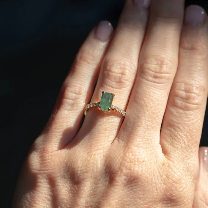 Anueva Jewelry 167ct Emerald Cut Green Opalescent Sapphire Hidden Halo Solitaire with French Set Diamonds in 18k Yellow Gold Earrings