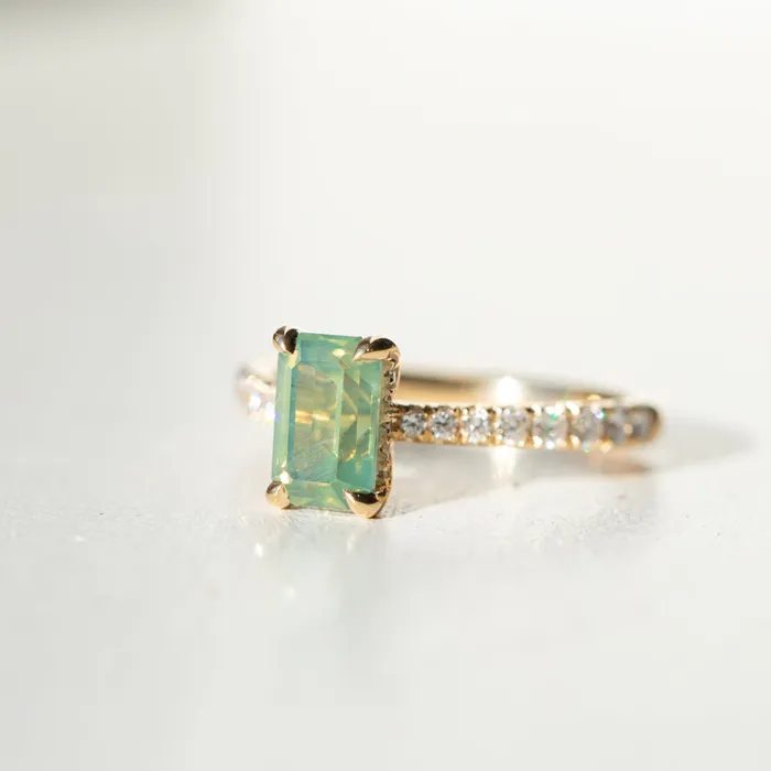 Anueva Jewelry 167ct Emerald Cut Green Opalescent Sapphire Hidden Halo Solitaire with French Set Diamonds in 18k Yellow Gold Earrings